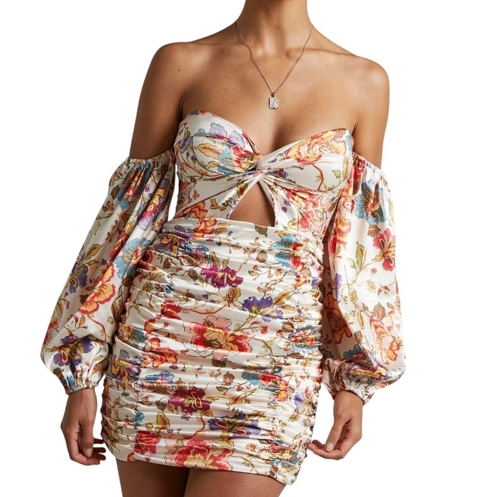 Runaway The Label Fleur Ruched Mini Dress in Sand Floral Floral NWT